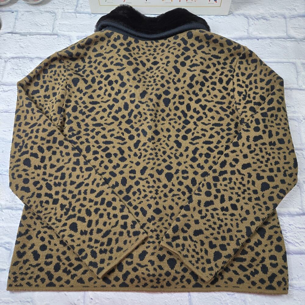 VTG Lennie for Nina Leonard Cardigan Sweater Mob Wife Leopard Faux Fur Collar XL - Picture 6 of 16